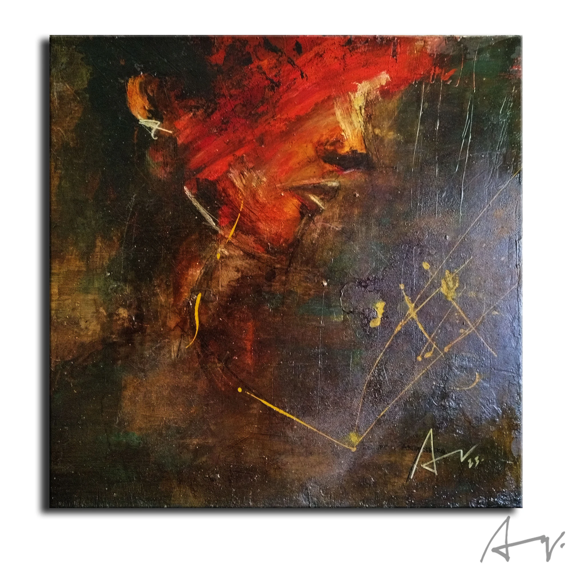Pintura abstrata de composição quadrada com campos claros e escuros.