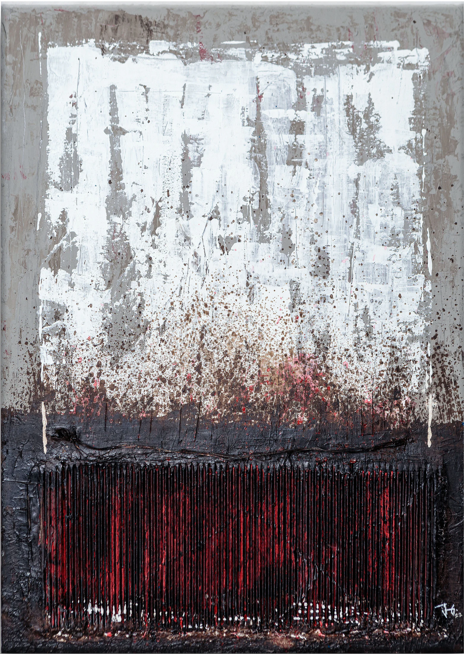 Pintura abstrata texturizada em branco, cinza, preto e vermelho.
