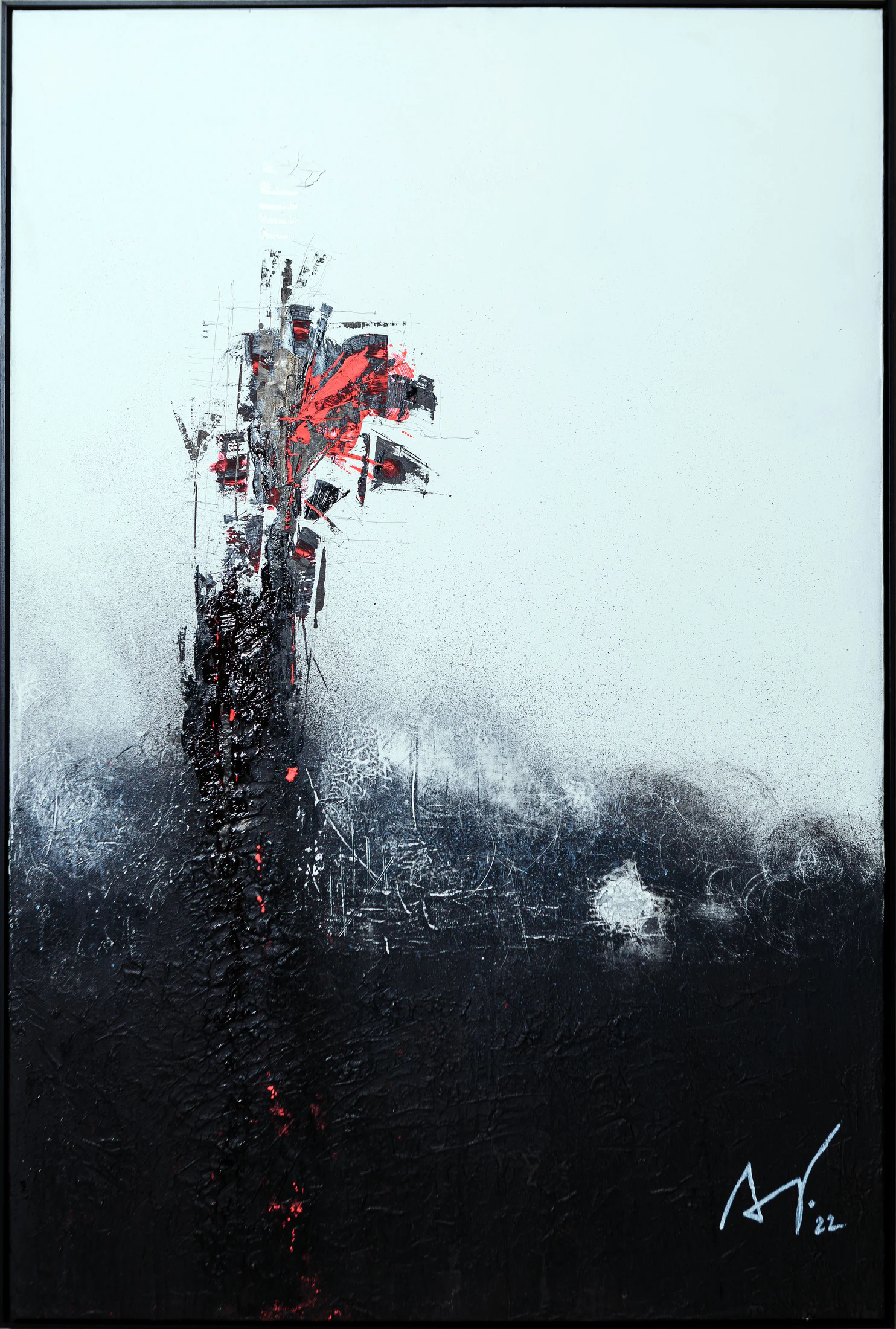 Pintura abstrata vertical com predominância de rosa.