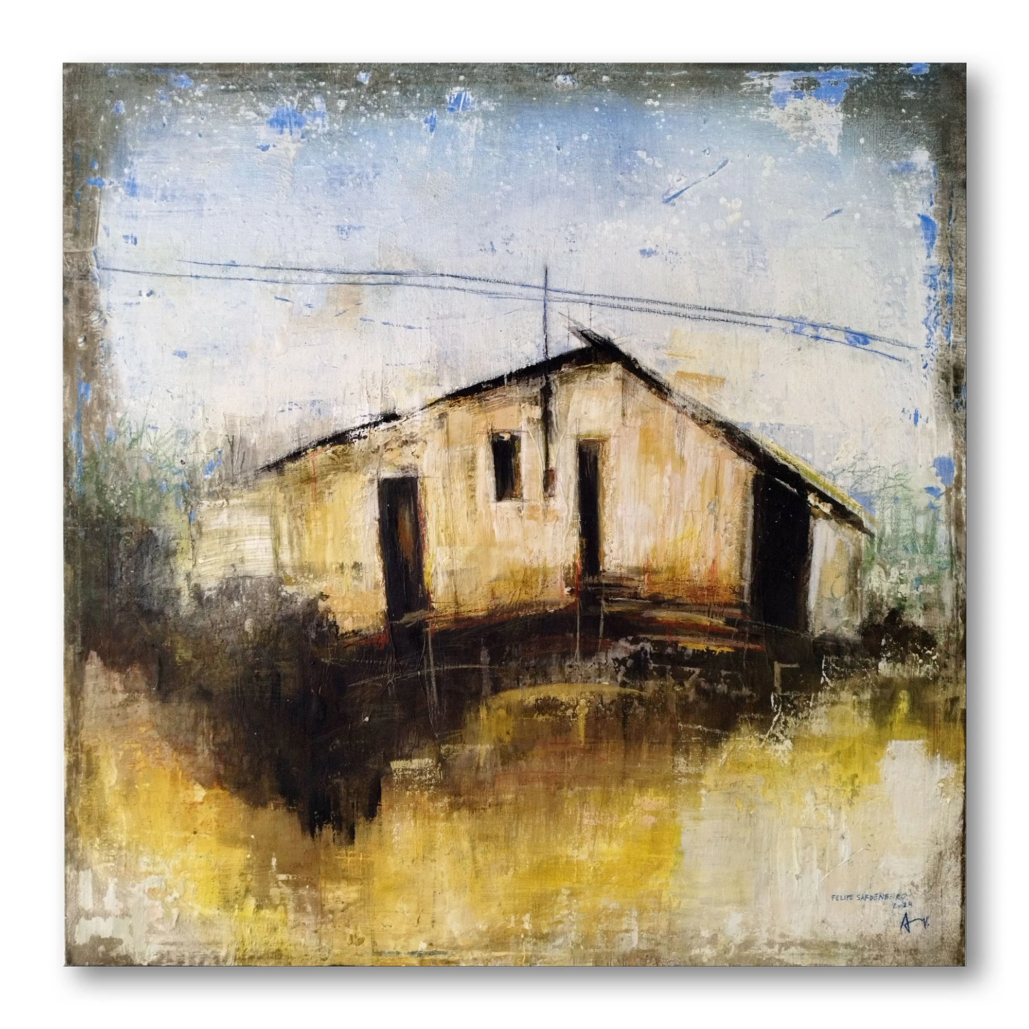 Pintura abstrata de composição quadrada e textura marcada.