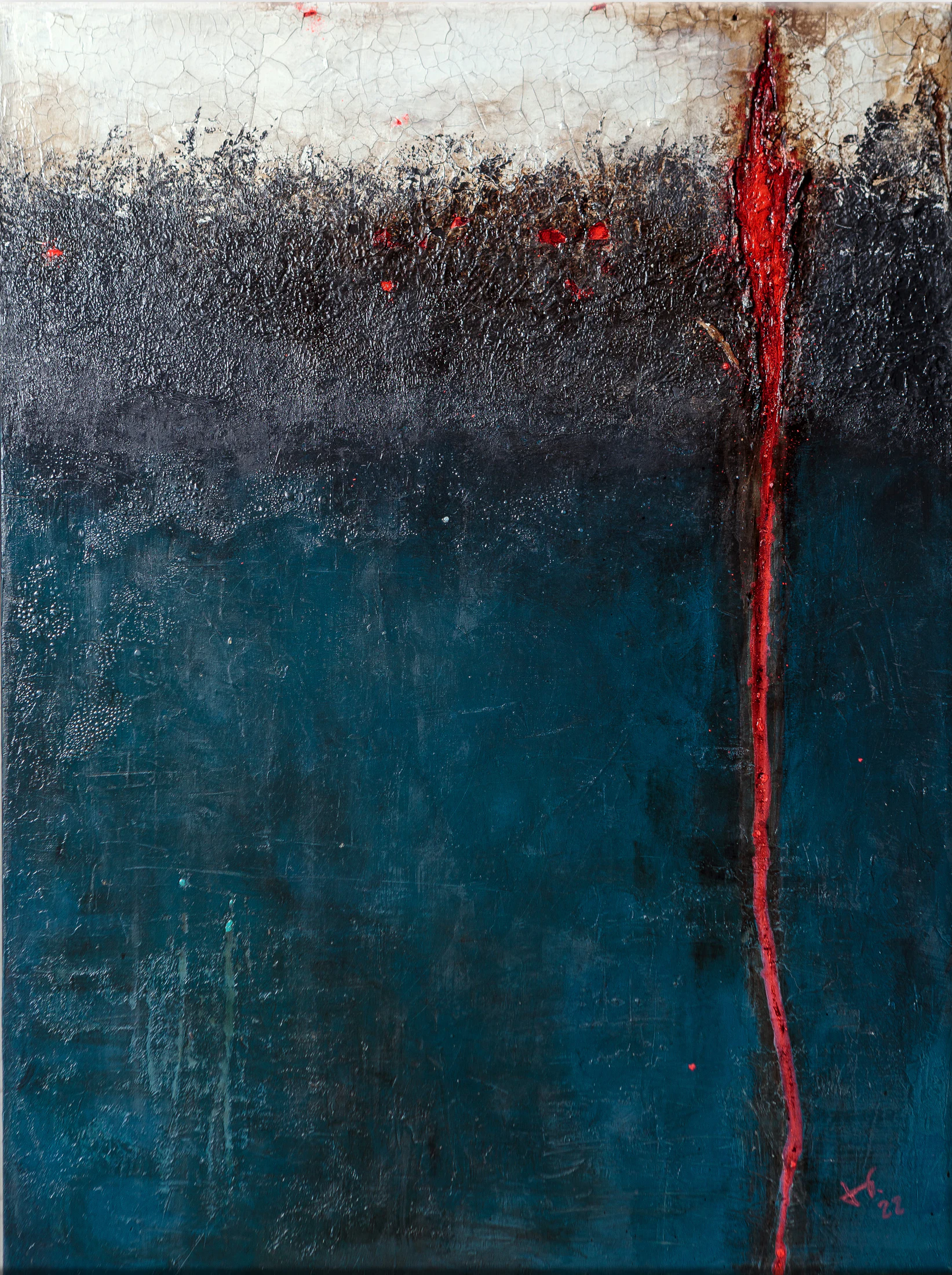 Pintura abstrata em azul profundo, preto, branco e vermelho.